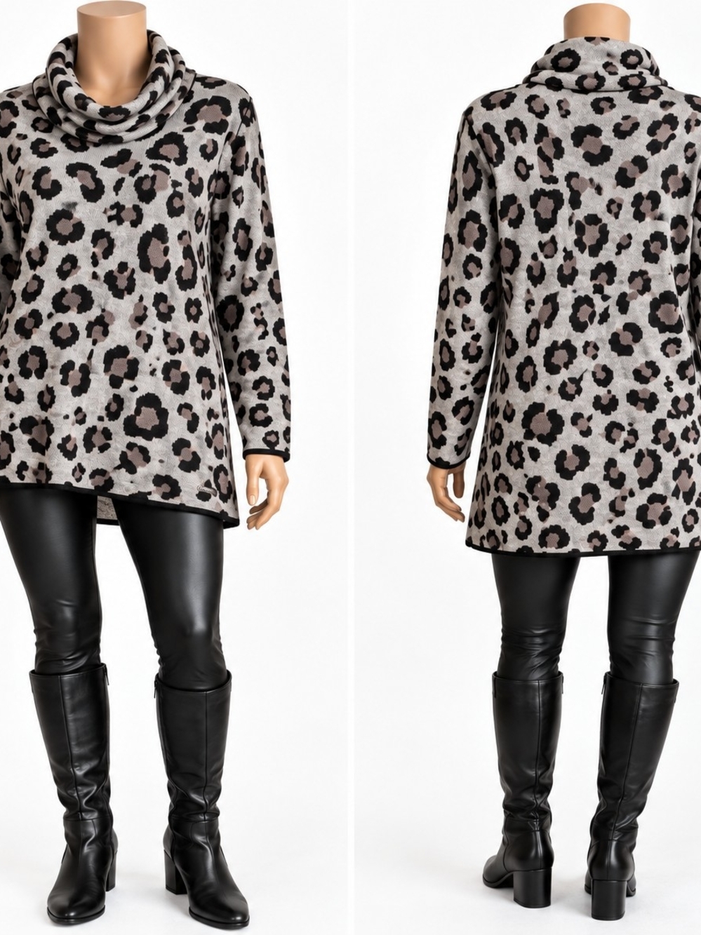 Leopard Print Knit Skirt in Light Gray and Black
